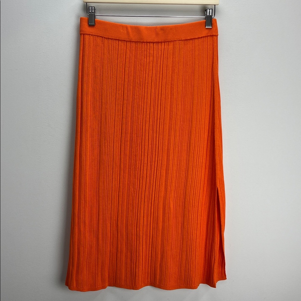 JOSEPH Knit Midi Skirt Viscose Rib Orange Satiny Rib Side Slit Stretchy Large